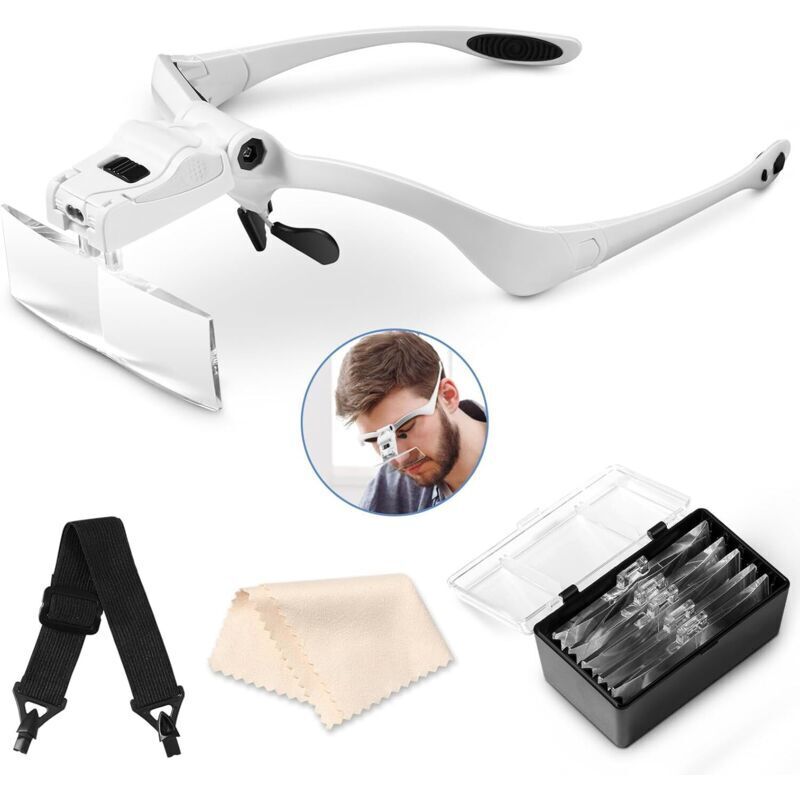 Headband Magnifier with LED Light, Headband Magnifier with 5 Detachable Lenses (1.0X, 1.5X, 2.0X, 2.5X, 3.5X), for All Precision Work, Reading,