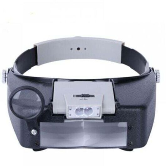 Headband magnifier for watchmakers, jewelers, reading, hands-free use with LED lighting, gray