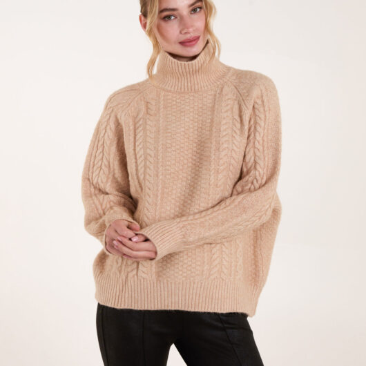 High Neck Cable Knit Jumper - S/M / STONE