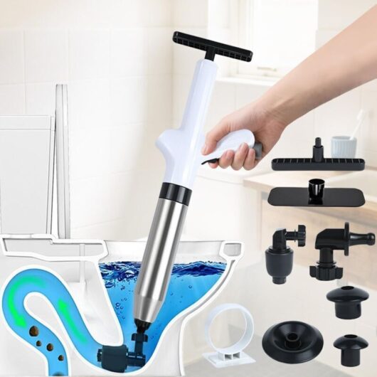 High-Pressure Drain Unblocker (4 Adapters), Professional Descaling Pump with Air Compression and Pressure Gauge - For Toilets, Sinks, Showers,