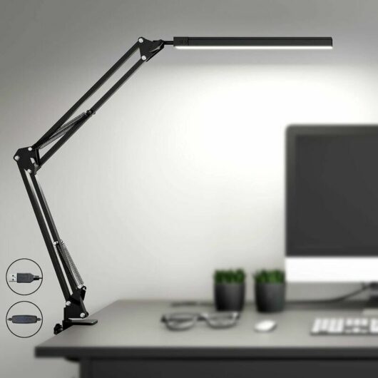 Hoopzi - led Desk Lamp with Clamp, Eye-Care Dimmable Reading Light, 3 Color Modes Swing Arm Lamp, usb Clip-on Table Lamp, Daylight Lamp for Desk