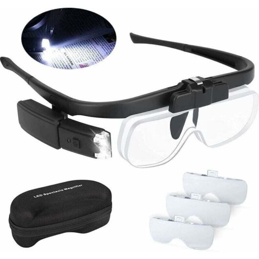 Illuminated LED Magnifying Glasses with 2 Lights, Headband Magnifier for Reading, Precision Work, Watchmaking, and Hand Use, USB Rechargeable,