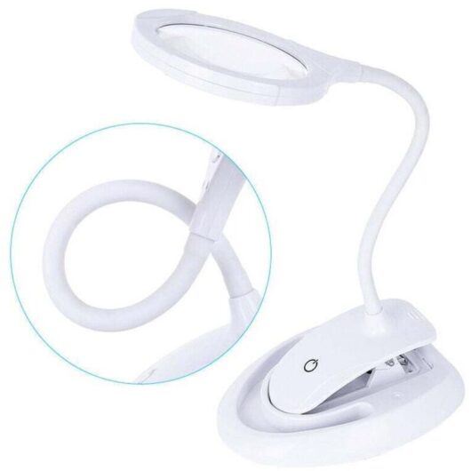 Illuminated magnifying glass, 5x and 10x magnification with lamp, tripod and clamp, rechargeable tabletop magnifier with adjustable brightness for