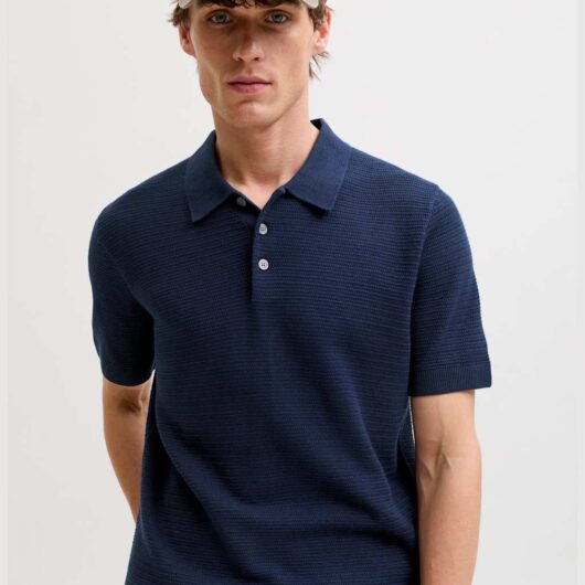 JACK & JONES Pure Cotton Knitted Polo Shirt Navy