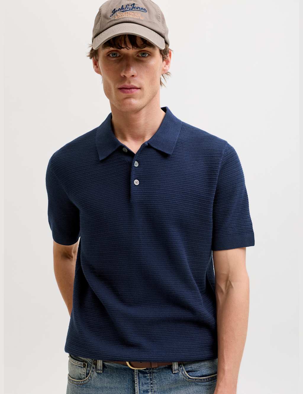 JACK & JONES Pure Cotton Knitted Polo Shirt Navy