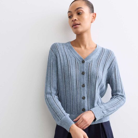 JAEGER Cotton Rich Textured Open Knit V-Neck Cardigan Blue