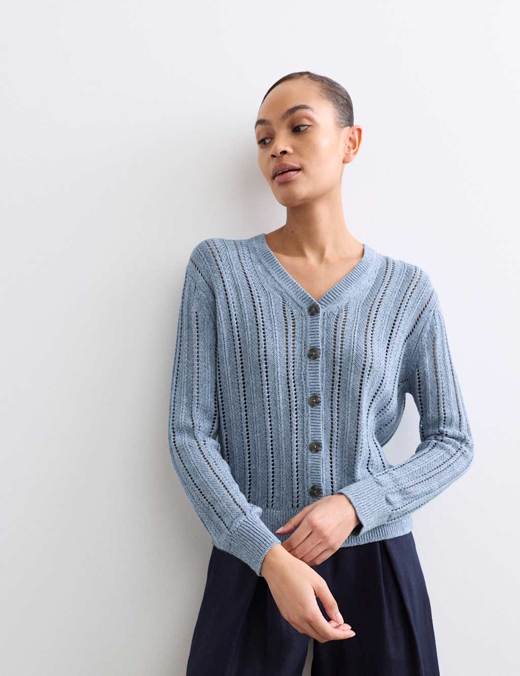JAEGER Cotton Rich Textured Open Knit V-Neck Cardigan Blue