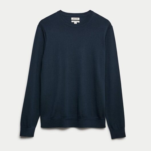 JAEGER Extra Fine Merino Wool Crew Neck Jumper with Silk Navy