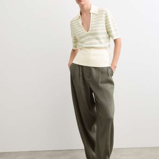 JAEGER Linen Rich Striped Collared Knitted T-Shirt Ivory Mix