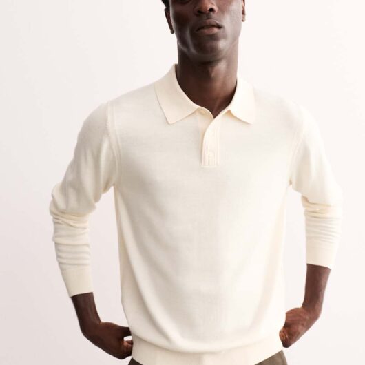 JAEGER Merino Wool with Silk Knitted Polo Shirt Ecru