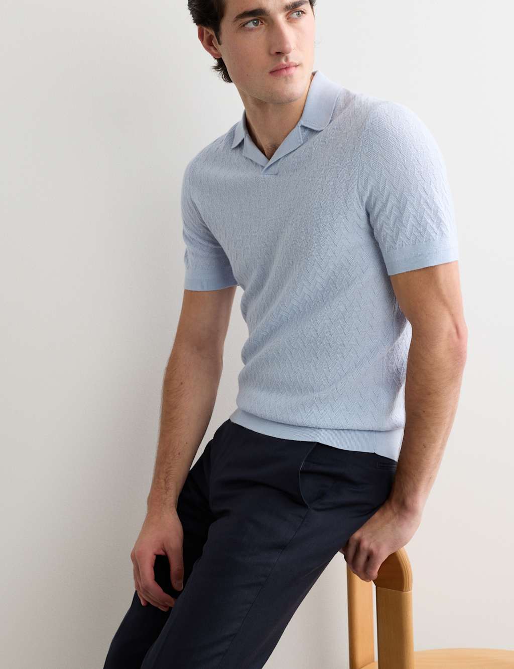 JAEGER Merino Wool with Silk Knitted Polo Shirt Light Blue