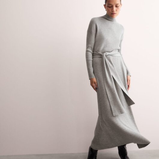 JAEGER Pure Merino Wool Knitted Funnel Neck Dress Grey