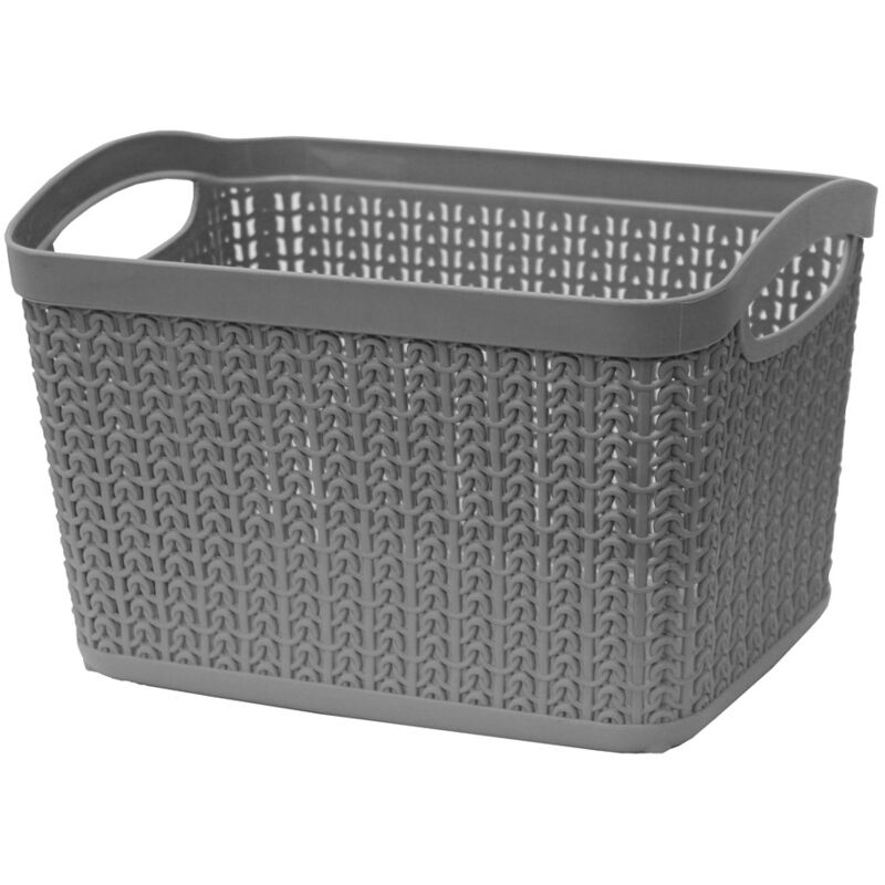 JVL - Knit Design Loop Plastic Rectangular Small Storage Basket with Handles, Grey