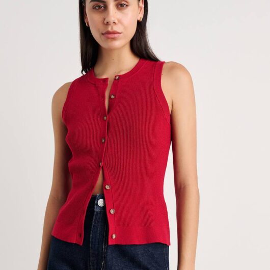 Jag Button Through Knitted Vest Red