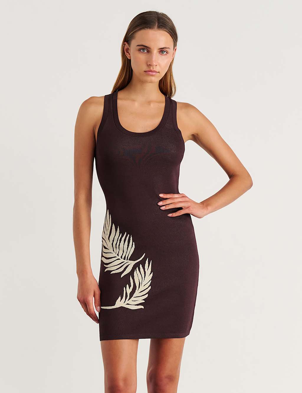 Jag Knitted Printed Scoop Neck Mini Bodycon Dress Brown