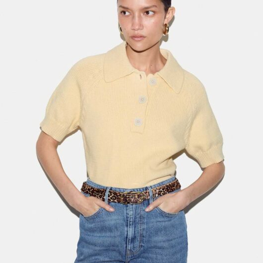 Jigsaw Cotton Rich Collared Knitted Top Yellow