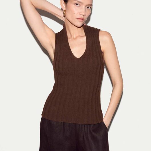 Jigsaw Pure Cotton Ribbed Scoop Neck Knitted Vest Brown