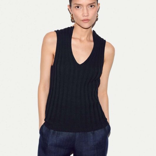 Jigsaw Pure Cotton Ribbed Scoop Neck Knitted Vest Navy