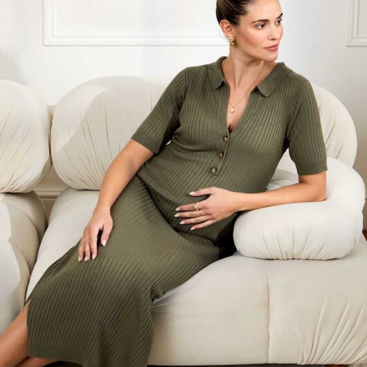 JoJo Maman Bébé Maternity Knitted Ribbed Midi Shirt Dress Khaki