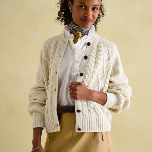 Joules Cable Knit Cardigan with Wool Cream