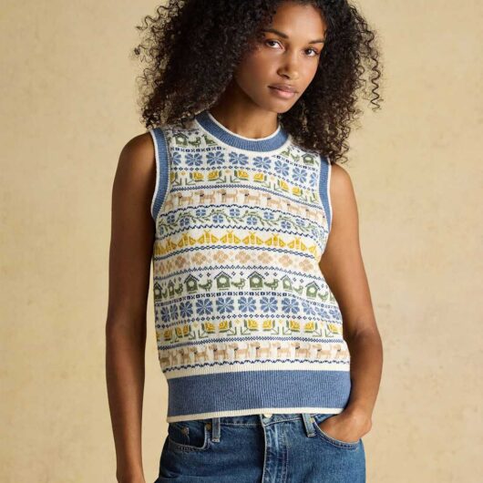 Joules Cotton Rich Intarsia Knitted Vest with Wool Cream Mix