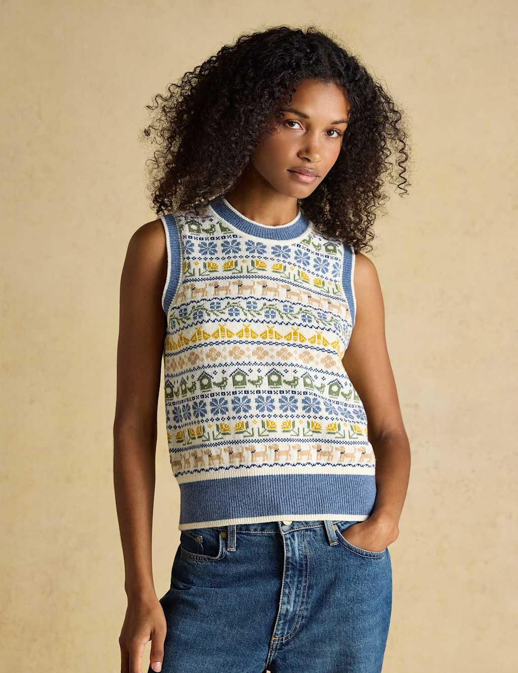 Joules Cotton Rich Intarsia Knitted Vest with Wool Cream Mix