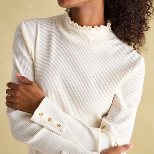Joules Cotton Rich Ribbed Frill Detail Top Cream