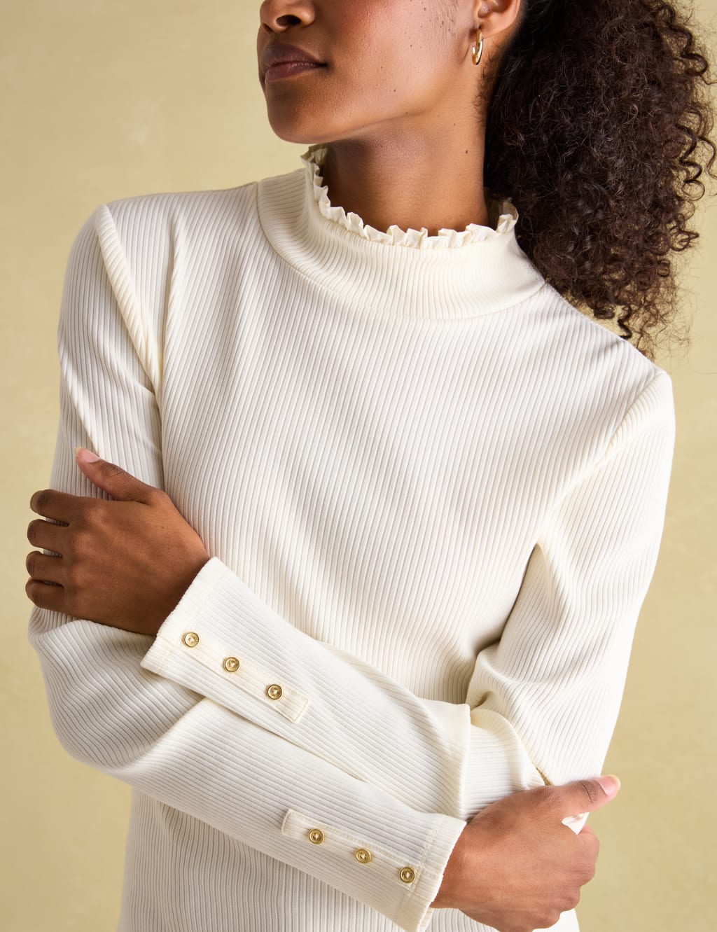 Joules Cotton Rich Ribbed Frill Detail Top Cream