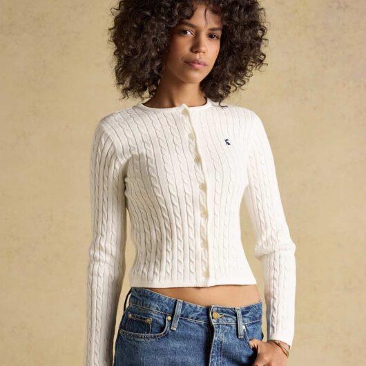 Joules Pure Cotton Cable Knit Crew Neck Cardigan Cream