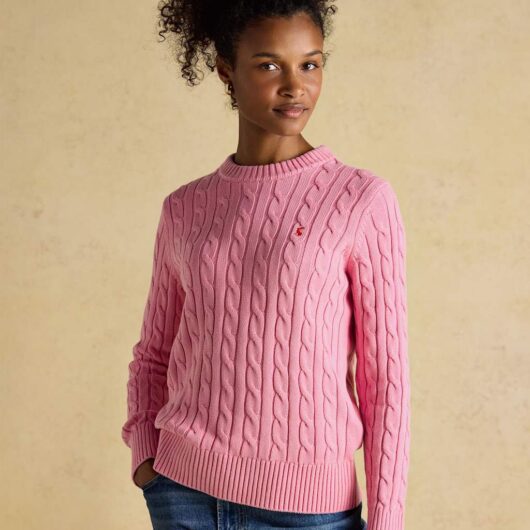 Joules Pure Cotton Cable Knit Crew Neck Jumper Pink Mix