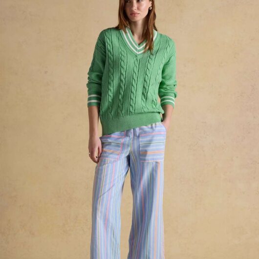 Joules Pure Cotton Cable Knit V-Neck Jumper Green Mix