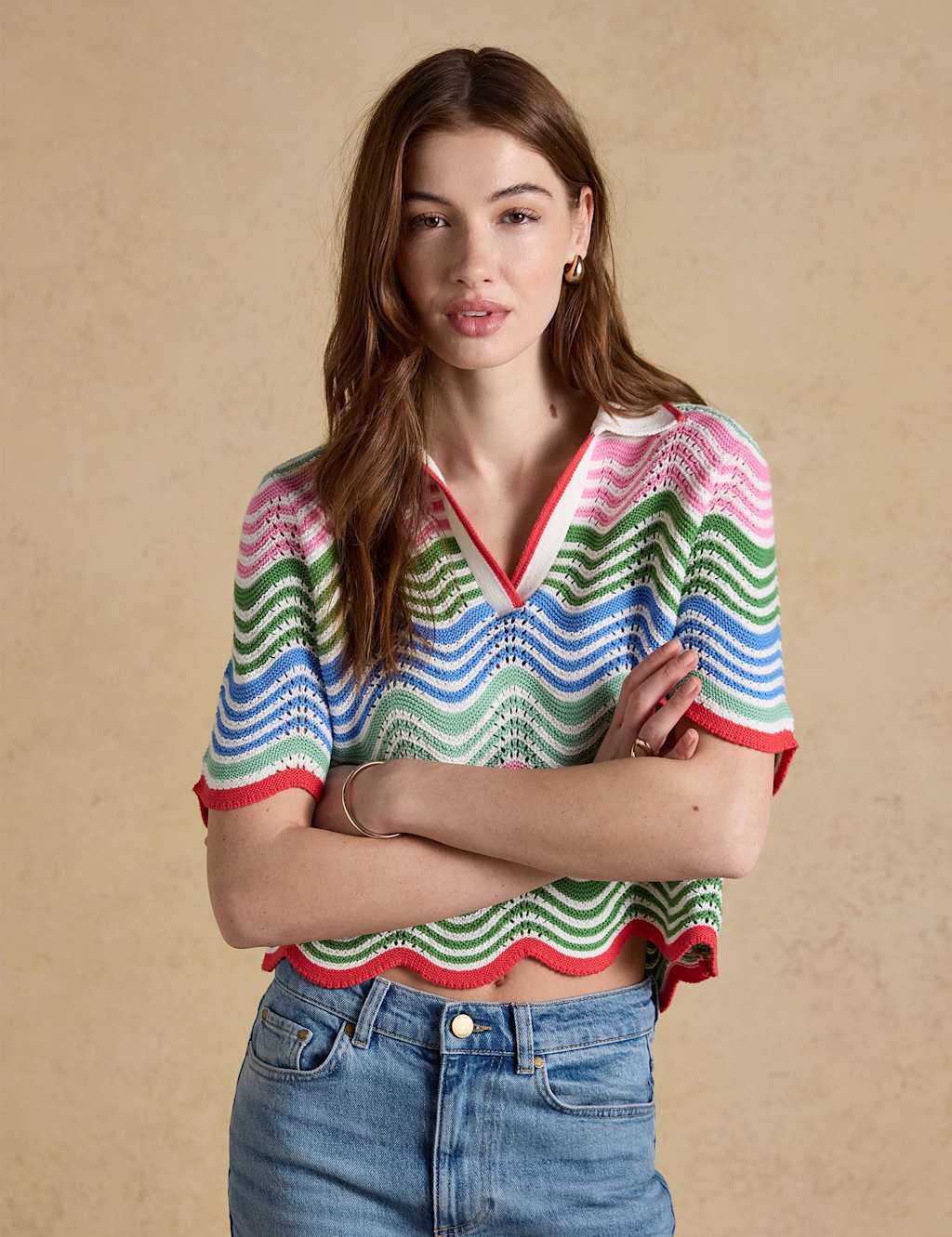 Joules Pure Cotton Knitted Wave Stitch Top Multi