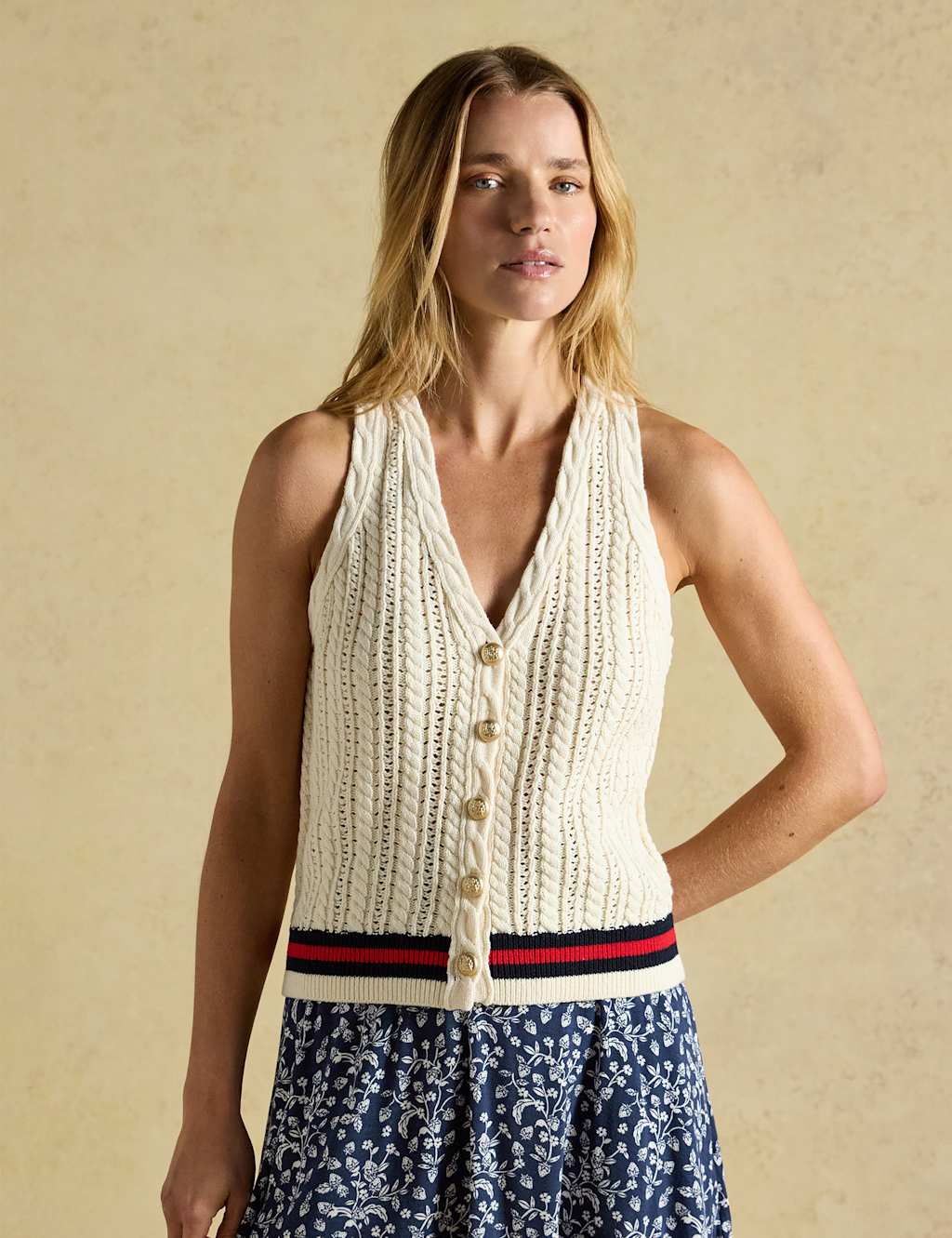 Joules Pure Cotton Textured V-Neck Knitted Vest Cream Mix