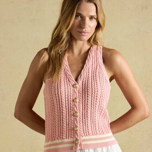 Joules Pure Cotton Textured V-Neck Knitted Vest Pink Mix