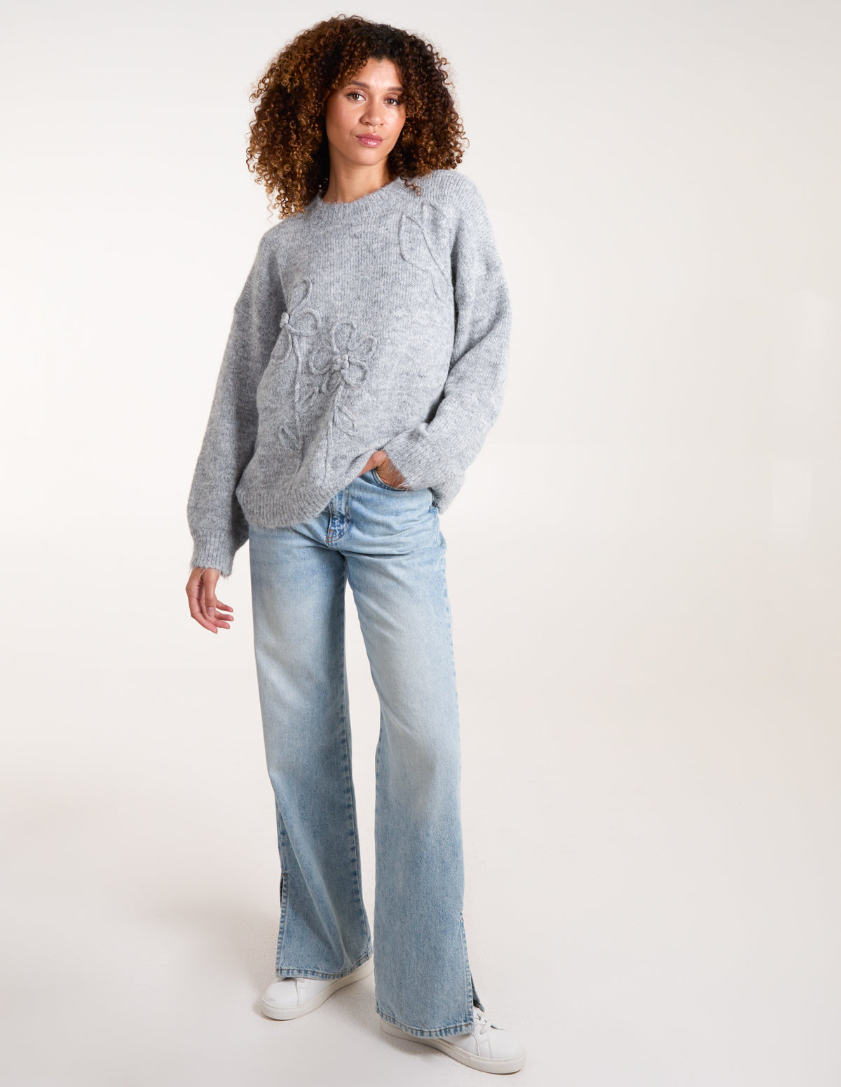 Knit Flower Embroidery Cropped Jumper - S/M / GREY