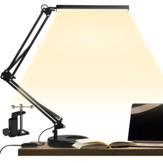 LED Desk Lamp with Clamp and Round Base, 14W Architect Lamp, Foldable Adjustable Arm, 3 Color Temperatures 10 Brightness Levels 5V/2A,--TRIMEC
