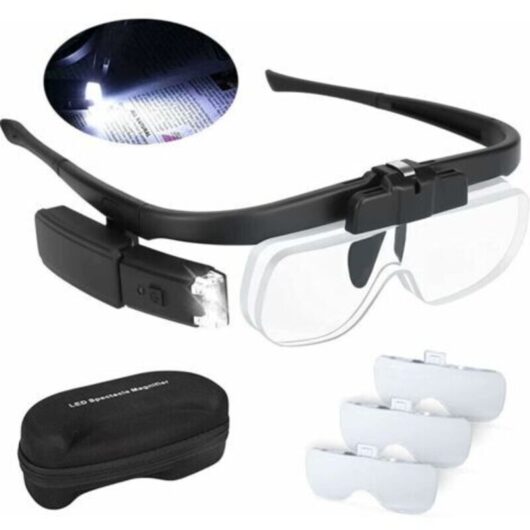 LED Illuminated Magnifying Glasses 2 Lights, Headband Magnifier for Reading Precision Watchmaking Work Visually Impaired Hand, USB Rechargeable Head