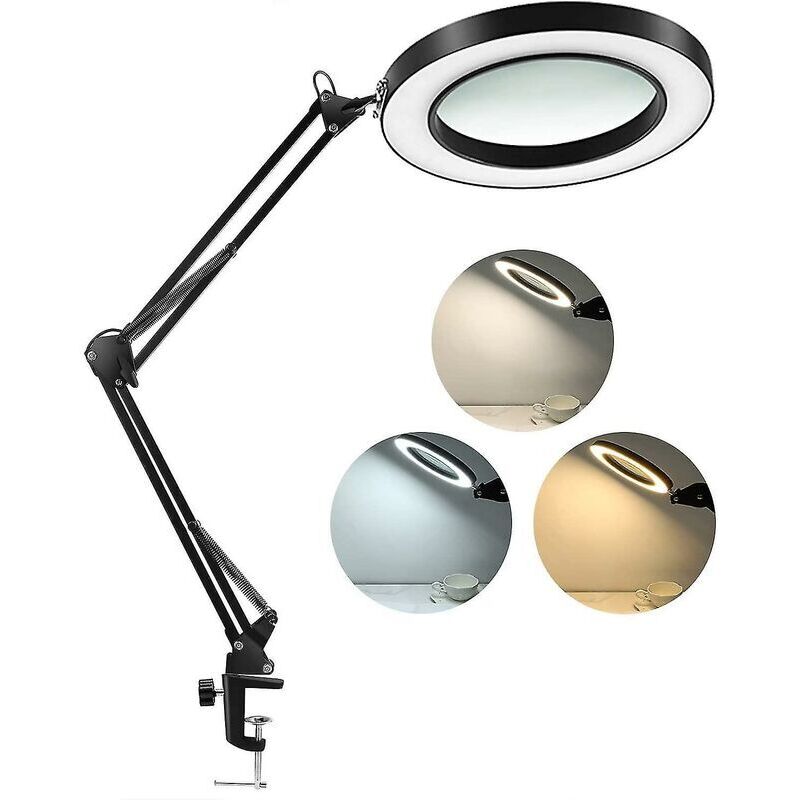 LED Magnifying Lamp with Clamp, 1500 Lumens with Continuously Adjustable Brightness, 3 Color Modes, Real Glass Lens, 5 Diopters, 4.3mm, Illuminated