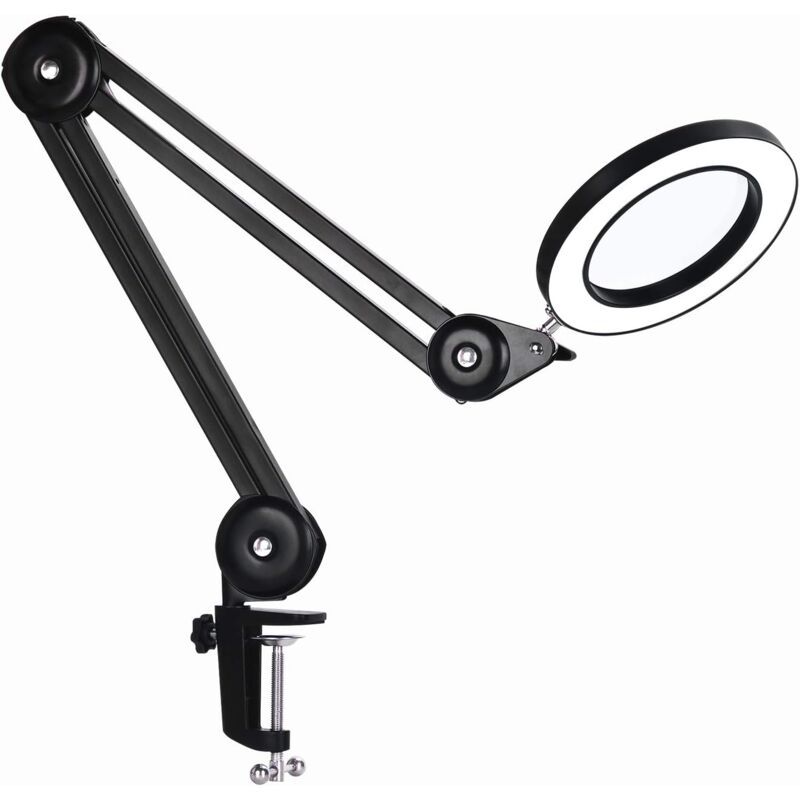 Lampe loupe, lampe de travail - avec lentille en verre 160 mm 5 dioptries, clip en métal, bras pivotant, lumière dimmable en 3 couleurs Noir