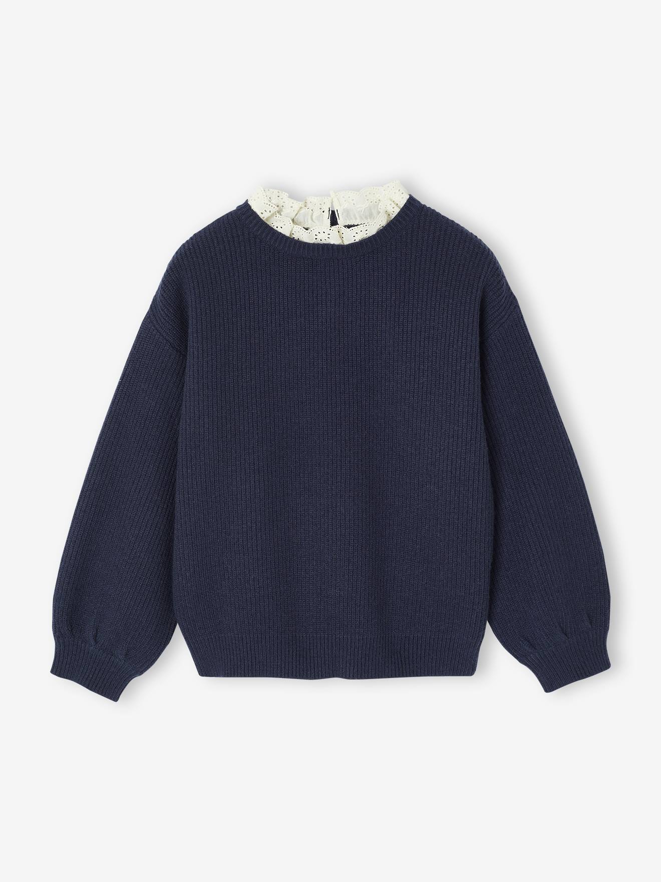Loose-Fitting Jumper with Fancy Collar for Girls navy blue