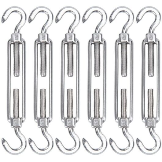 M5 Stainless Steel Cable Tensioner, Pack of 6 Adjustable Heavy Duty Wire Hook and Hook Tensioner for Rope, Cable, Clothesline, Grille for Sun Shade