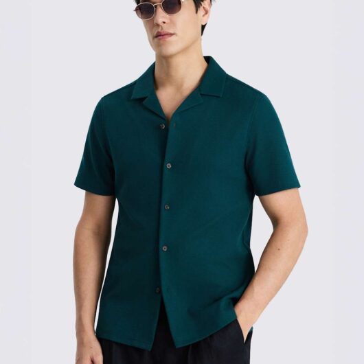MOSS Cotton Blend Knitted Short Sleeve Shirt Emerald