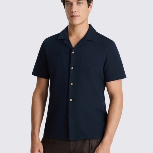 MOSS Cotton Blend Knitted Short Sleeve Shirt Navy