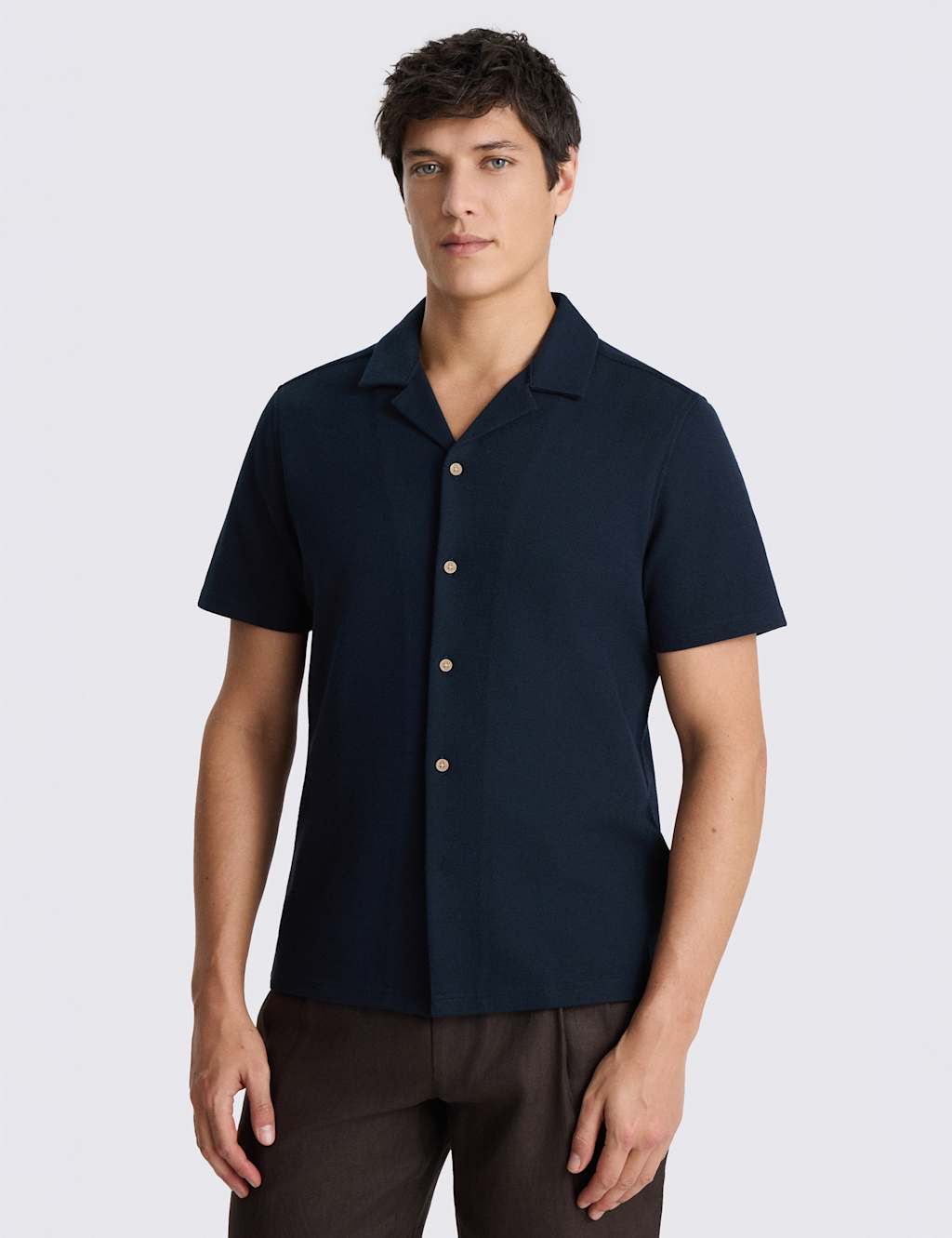 MOSS Cotton Blend Knitted Short Sleeve Shirt Navy