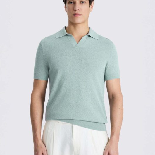 MOSS Cotton Linen Blend Knitted Polo Shirt Aqua