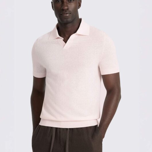MOSS Cotton Linen Blend Knitted Polo Shirt Light Pink