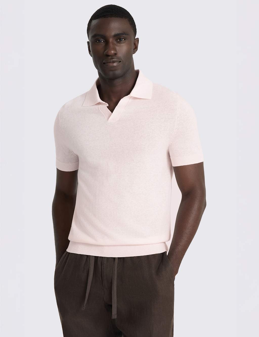 MOSS Cotton Linen Blend Knitted Polo Shirt Light Pink