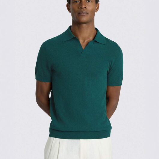 MOSS Cotton Linen Knitted Polo Shirt Emerald