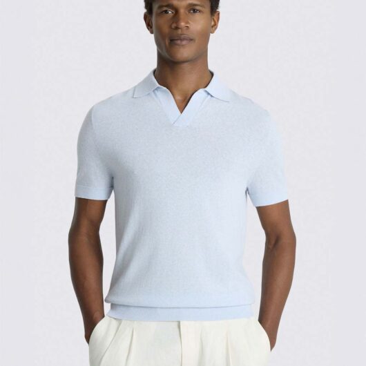 MOSS Cotton Linen Knitted Polo Shirt Light Blue