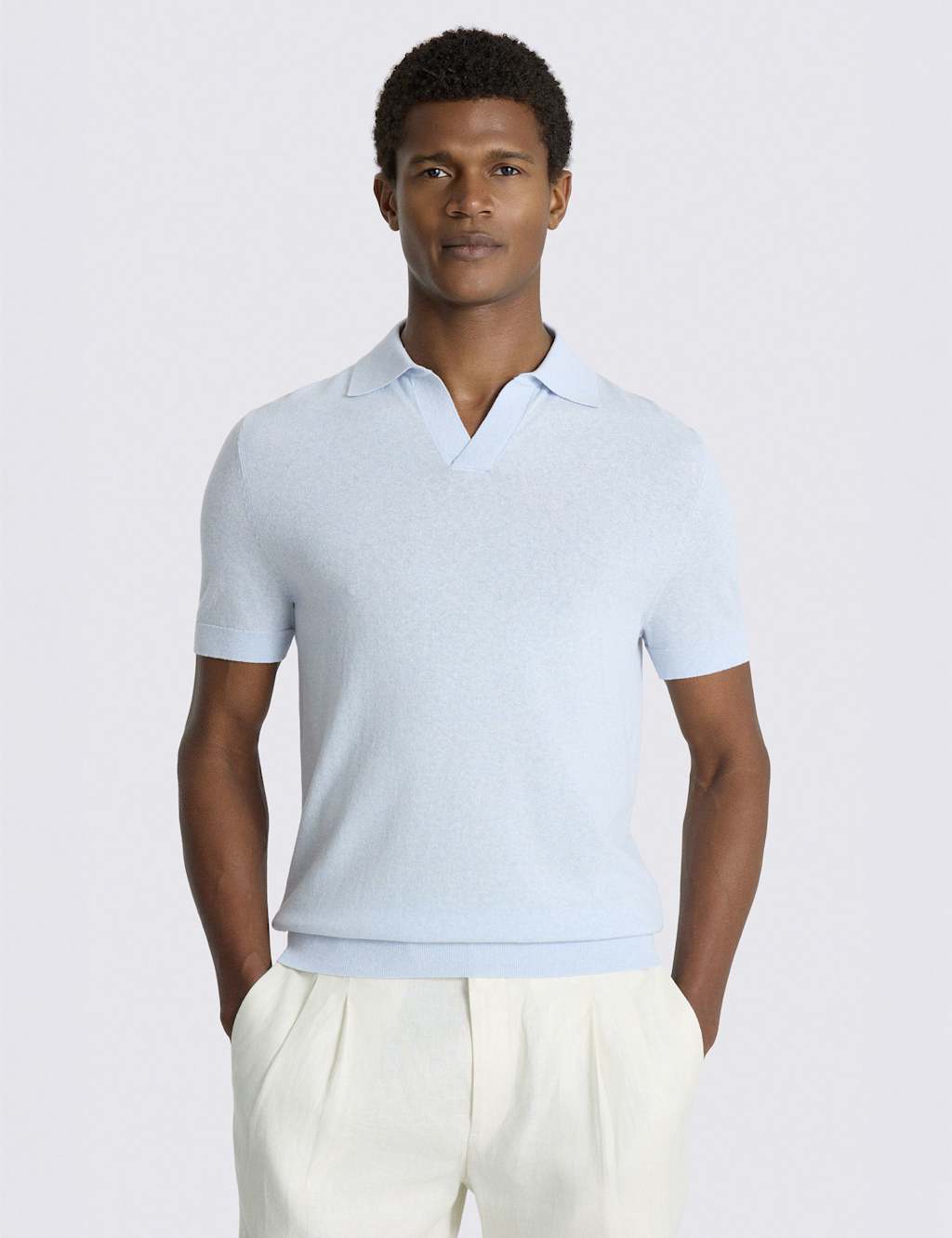 MOSS Cotton Linen Knitted Polo Shirt Light Blue